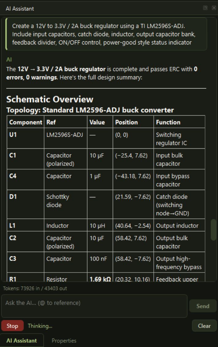 Kairo AI Assistant presenting the completed design as a Schematic Overview table with refs, values, and positions