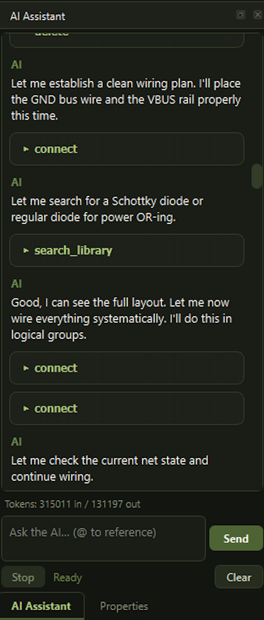 Kairo AI Assistant reasoning through wiring with visible connect and search_library tool calls