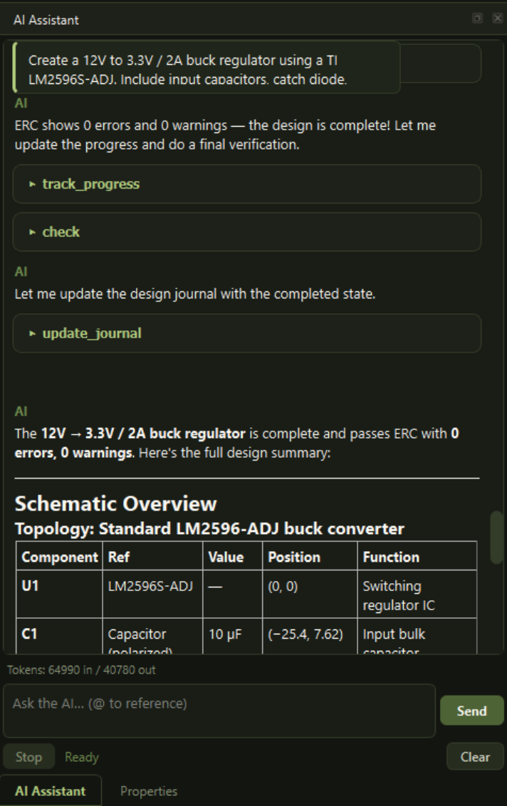 Kairo AI Assistant running ERC, tracking progress, and updating the design journal with the verified outcome